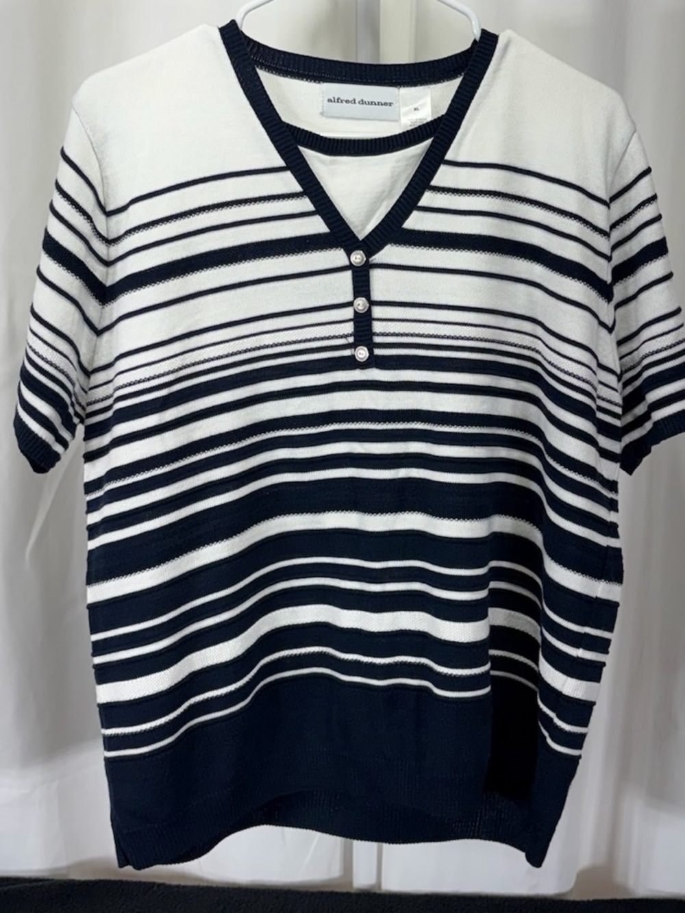 Alfred Dunner Navy and White Striped V-Neck Henley Polo 2160